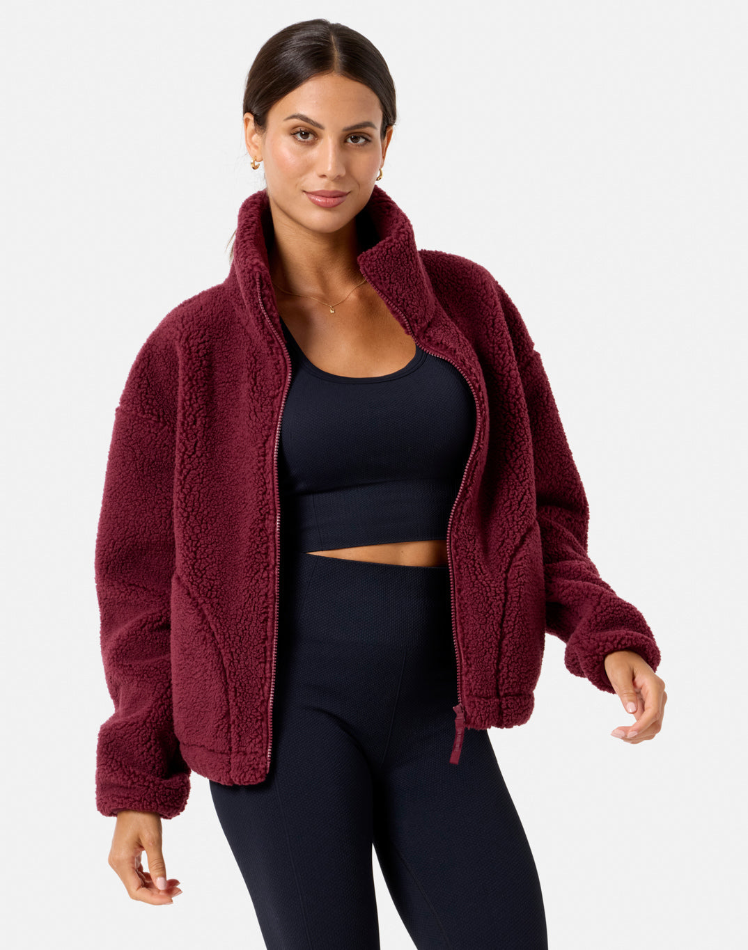 Industry Fleece High Collar Jacket in Cherry Crush